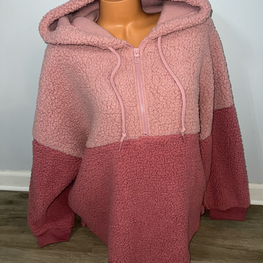NWOT PINK Victoria's Secret Varsity Sherpa Half-Zip Pullover Hoodie Sz Large